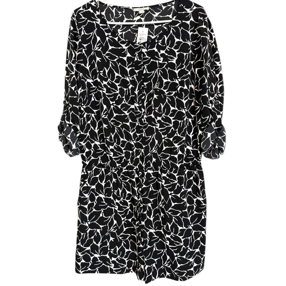 LOFT Black & White Leaf Print Long Sleeve Romper Size 8 NWT